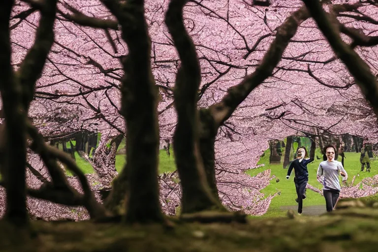 Image similar to vfx movie scene closeup japanese couple running through cherry blossom forest, natural lighting by emmanuel lubezki