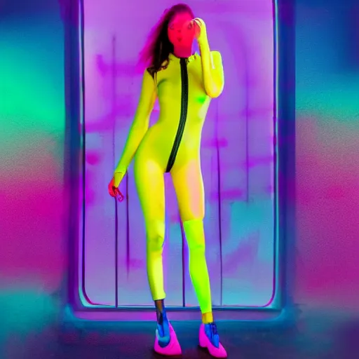 Prompt: synthwave biker girl wearing yellow bodysuit digital cyberpunk in neon city fog high def neon pink and blue