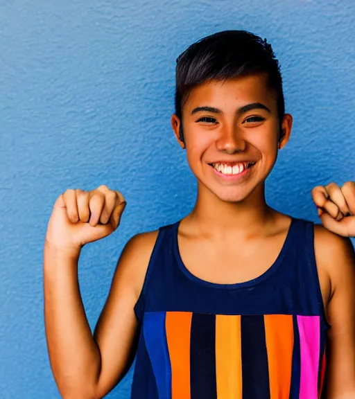 Prompt: a professional portrait of a seventeen year old hispanic filipina girl with a sporty flair, mahogany eyes, dyed rainbow hair in a short spiky pixie cut, a blue tank top, a confident smile, athletic, track star, five feet tall, athletic, warm brown eyes