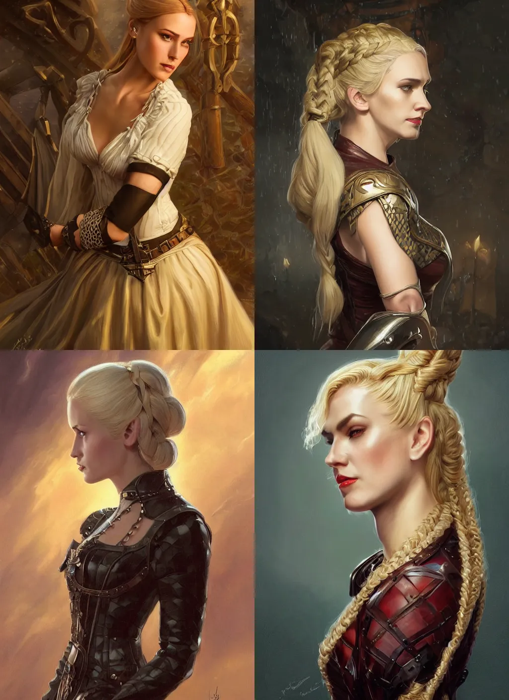 Prompt: a serious looking woman wearing a glossy checkered dress shaped like a chess piece, aquiline nose, blonde braided hair. fantasy concept art. moody epic painting by jc leyendecker, and thomas kinkade. artstationhq. oil painting, realistic bosomy woman, angular ( dragon age, witcher 3, lotr )