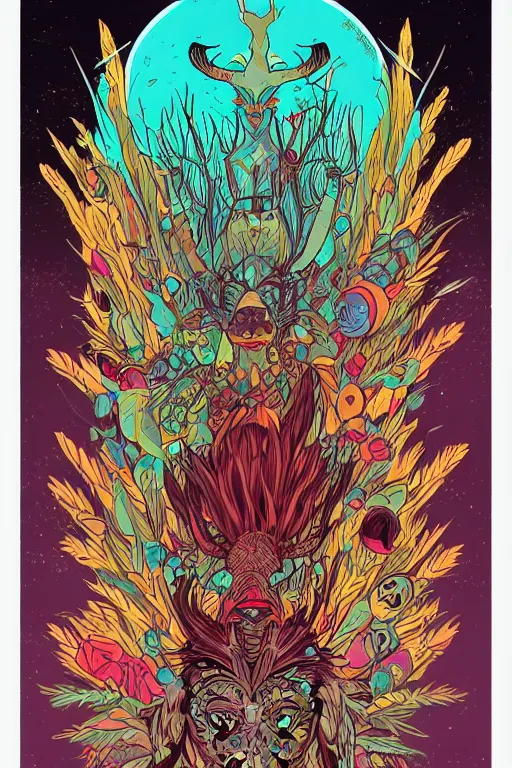 Image similar to animal mask totem roots flower tribal feather gemstone plant wood rock shaman vodoo video game vector cutout illustration vivid multicolor borderlands comics by josan gonzales and dan mumford radiating a glowing aura