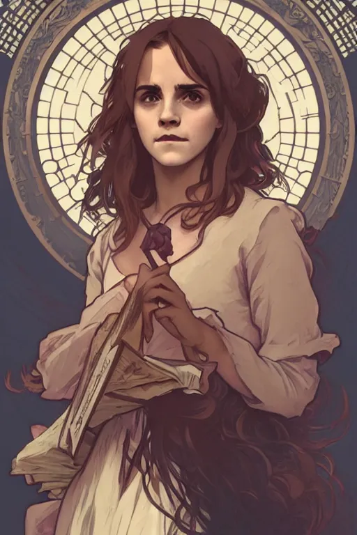 Image similar to Poster artwork, Emma Watson as Hermione Granger, medium shot, details, sharp focus, illustration, by Jordan Grimmer and Alphonse Mucha and greg rutkowski and PiNe(パイネ) and 薯子Imoko and 香川悠作 and maya takamura, intricate, beautiful, Trending artstation, pixiv, digital Art