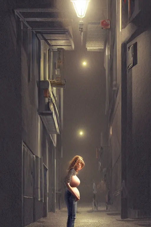 Image similar to pregnant woman under street light, highly detailed, sharp focused, ultra realistic digital concept art by Frederick Sands Brunner