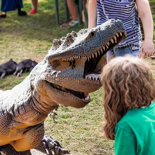 Image similar to a highly detailed photo of kids petting a t rex at a petting zoo, 4 k high - resolution photograph, ultra detail, hd photo