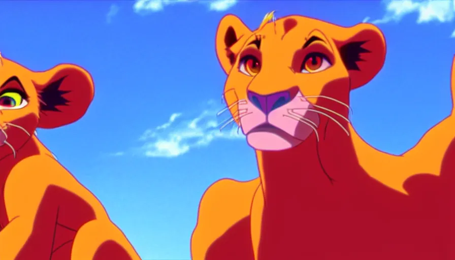 Image similar to simba from the lion king in a long shot still from the anime neon genesis evangelion, 4 k, neon genesis evangelion official media, high quality, hideaki anno anime