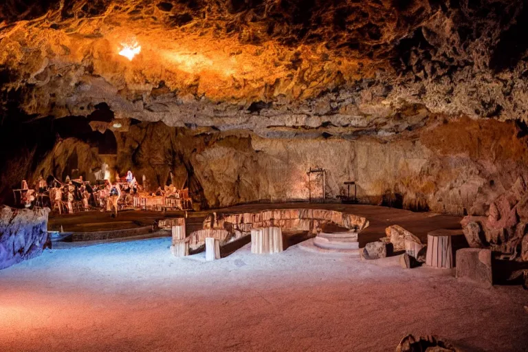 Image similar to amphitheater inside a cave with a stage and stone steps, lit by torch lights, surrounded by tiki torches