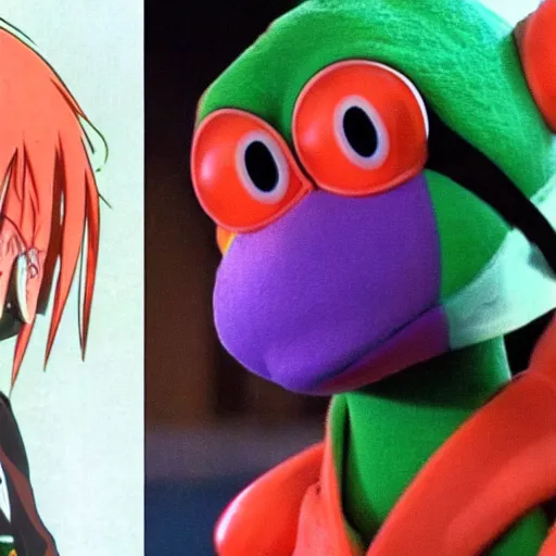 Prompt: Stills from the anime Neon Genesis Evangelion of Kermit the Frog dressed as Rei Ayanami