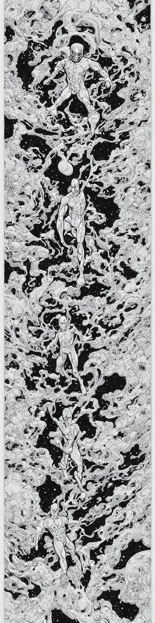 Image similar to silver surfer in space hovering above earth, by james jean, black and white, pencil drawing,