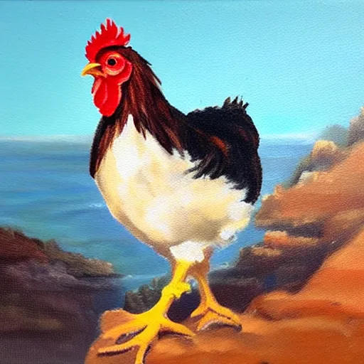 Image similar to oil painting of a chicken on the edge of a cliff