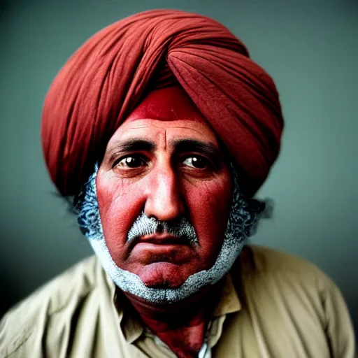 Image similar to portrait of president millard fillmore as afghan man, green eyes and red turban looking intently, photograph by steve mccurry