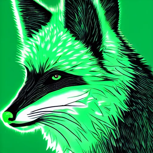 Prompt: digital neon green and white fox, retrowave palette, digital world, highly detailed, electric breeze, anatomically correct vulpine, synth feel, fluffy face, ear floof, flowing fur, super realism, accurate animal imagery, 4 k digital art