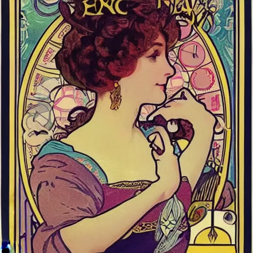 Image similar to a vintage poster with border of a Caucasian fortune teller lady with curly hair, a spread of tarot cards on a table, cats on her side, in a colorful tent, Alphonse Mucha poster ,