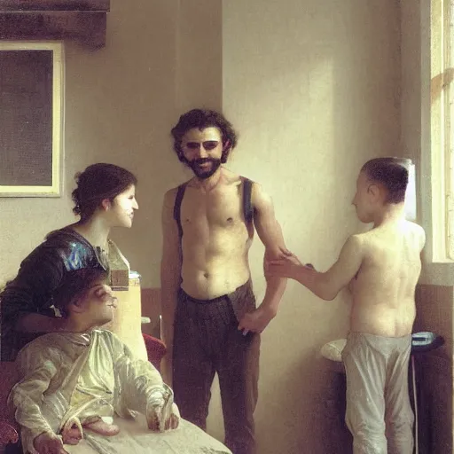 Prompt: a male patient at home with his wife and son standing by. happy, cheerful, smiling, intricate, face enhance, sharp focus, cinematic lighting, sharp focus, featured in artistation, 8 k, art by greg rutkowski, william adolphe bouguereau