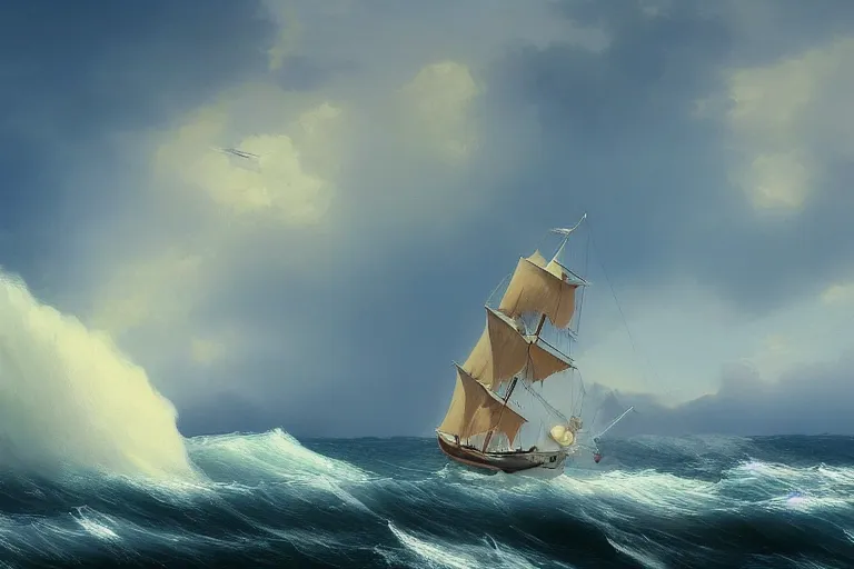 Image similar to a beautiful yacht with full sail’s, sunny day with puffy clouds and heavy waves, low camera angle, in style of Aivazovsky, epic lighting, ultra realistic, 4k, hyper details, cinematic, sharp edges,