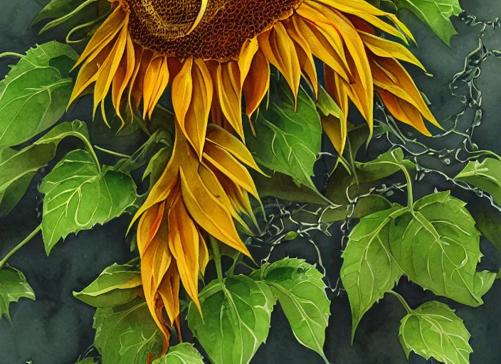 Prompt: a detailed watercolor painting of creepy sunflower mutant vine plant, digital art, trending on artstation, detailed matte painting