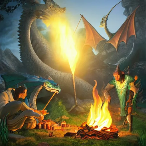 Image similar to dragons roasting kebabs near campfire, fire, magic, power metal album cover, fantasy epic legends game icon stylized digital illustration radiating a glowing aura global illumination ray tracing hdr fanart arstation by ian pesty and katarzyna da „ bek - chmiel