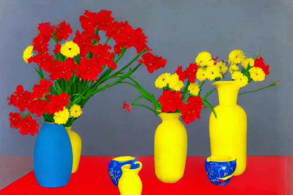 Image similar to red book and yellow vase with blue flowers, photo