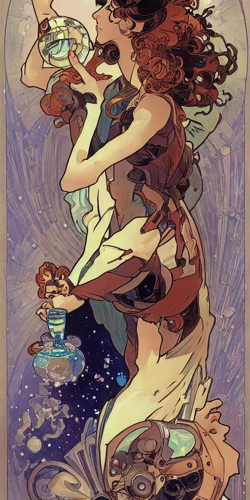 Image similar to a woman wearing outer space as a dress, pouring water from a vase into the milky way, by joe madura, by alphonse mucha, battle chasers.