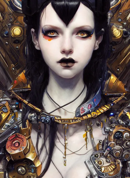 Image similar to portrait of cute beautiful young goth cyborg maiden, cyberpunk, Warhammer 40000, highly detailed, artstation, illustration, art by Gustav Klimt and Range Murata