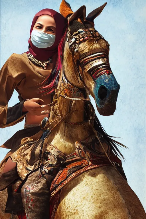 Image similar to hyperrealistic portrait from middle eastern mask woman riding horse, super highly detail, accurate, without duplication content, gta chinatown wars art style, white border frame median 5, medium close up shot, justify content center, symmetrical