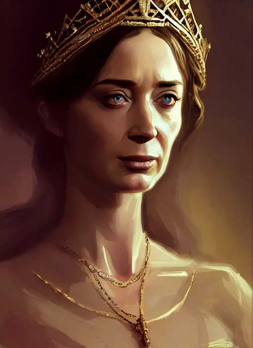 Image similar to portrait of emily blunt as beautiful queen, jewelry, greek, dark, victorian age, 1 8 9 0, intricate, headshot, key visual, conceptart, ambient lighting, highly detailed, digital painting, artstation, concept art, sharp focus, by makoto shinkai and akihiko yoshida and greg manchess