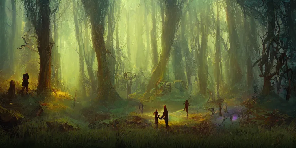 Prompt: reed - people in futuristic spiritual mystical post apocalyptic forest by ron gilbert, dim painterly volumetric aquatic lighting, scenic, beautiful, crisp, artstation, highly detailed