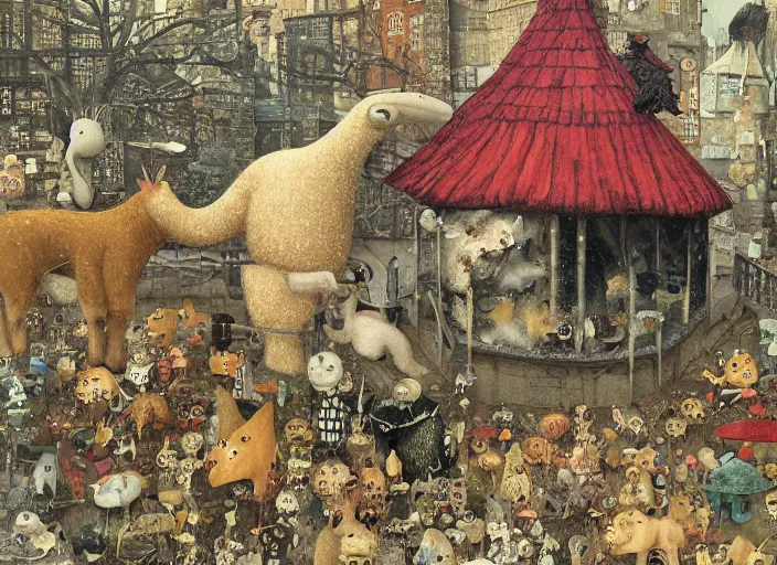 Prompt: petting zoo with small creatures by shaun tan, intricate, detailed, torn paper decollage, oil on canvas by edward hopper, by mattias adolfsson,