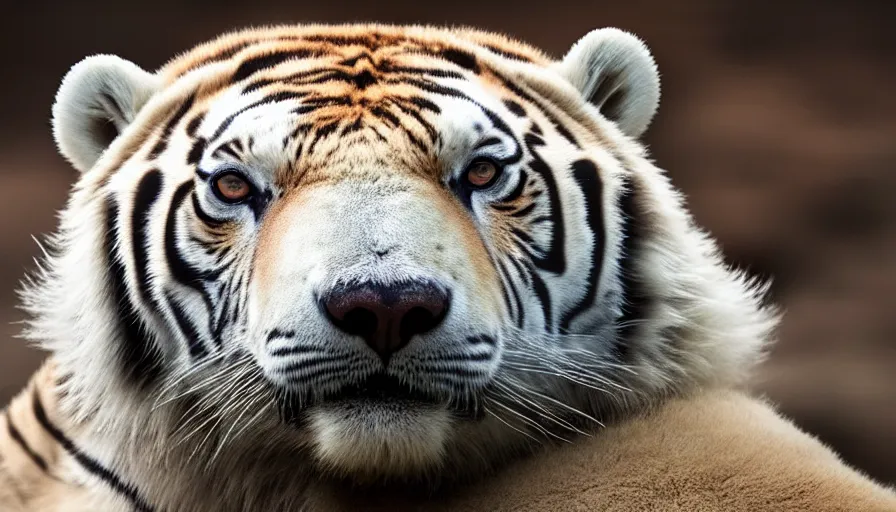 Image similar to a tiger polar bear!!! hybrid! hyper realistic!! realistic lighting!! wildlife photographer of the year!!! bold natural colors, national geographic, hd, wide angle, 8 k