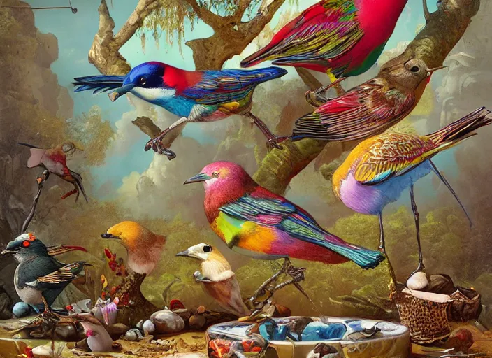 Prompt: colorful birds at the bird bath, lowbrow, matte painting, 3 - d highly detailed, style of greg simkins r,