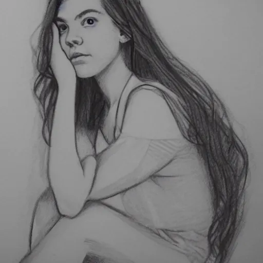 Image similar to A full body pencil sketch of Anya Taylor Joy, sitting, facing the camera, artistic