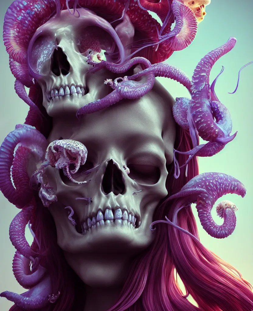 Image similar to goddess close - up portrait human skull, ram skull, squid phoenix jellyfish, orchid, betta fish, bioluminiscent, intricate artwork by tooth wu and wlop and beeple. octane render, trending on artstation, greg rutkowski very coherent symmetrical artwork. cinematic, hyper realism, high detail, octane render, 8 k