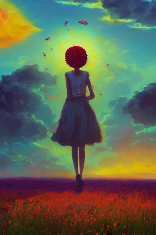 Image similar to giant flower head, girl walking in a flower field, surreal photography, sunrise, dramatic light, impressionist painting, colorful clouds, digital painting, artstation, simon stalenhag