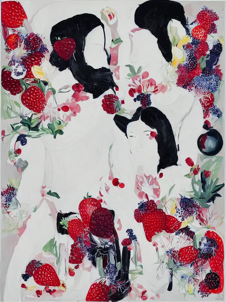 Prompt: “art in an Australian artist’s apartment, portrait of a woman wearing white muslin, eating luscious fresh raspberries and strawberries and blueberries, white wax, edible flowers, Japanese pottery, ikebana, black walls, acrylic and spray paint and oilstick on canvas”