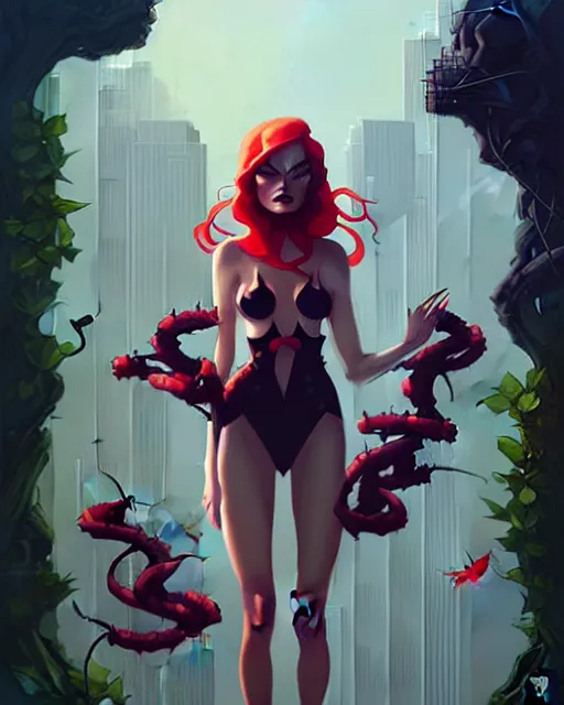 Image similar to peter mohrbacher, phil noto comicbook cover art, artgerm, emma stone poison ivy, vines, symmetrical eyes, city rooftop