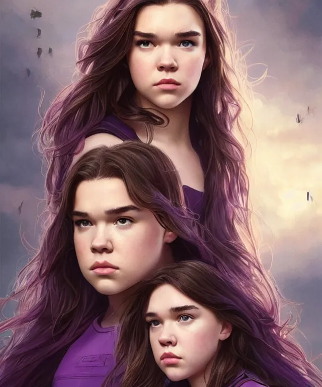 Image similar to Hailee Steinfeld as Kate Bishop and Florence Pugh as Yelena Belova, Marvel, Hawkeye, Black Widow, blush, intricate, face, elegant, purple mist, highly detailed, digital painting, artstation, concept art, matte, sharp focus, illustration, art by Artgerm and Greg Rutkowski and Alphonse Mucha