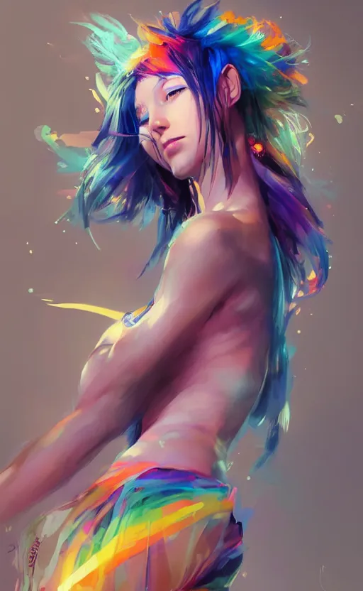 Prompt: a cute woman with rainbow hair dancing, cute tube-top long dress, In style of Yoji Shinkawa, wojtek fus, by Makoto Shinkai, concept art, highly detailed