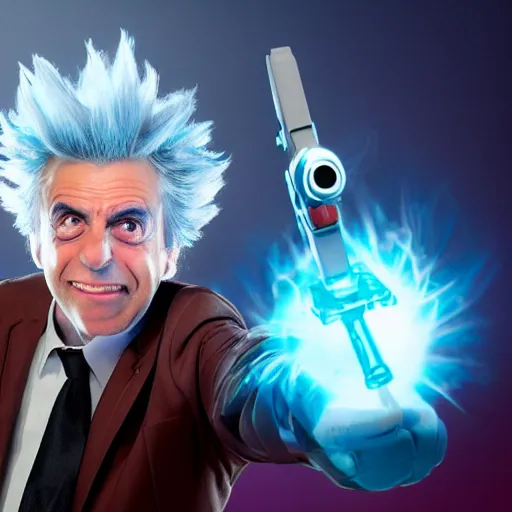 Image similar to Rick Sanchez as a real-life person, studio portrait, real-life-action movie star, holding a portal gun, opening a portal, Rick Sanchez