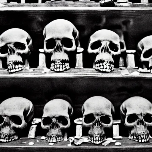 Image similar to Skulls lying on a shelf. Close Up Shot, Dark Fantasy, Film Noir, Black and White. High Contrast, Mike Mignola, D&D, OSR