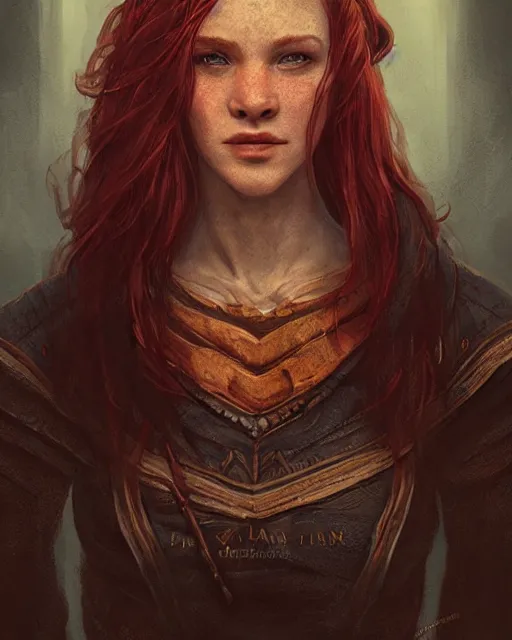 Prompt: the elder scrolls vi, charismatic beautiful rugged female redhead breton mage portrait, illustration, rim light, top light, perfectly shaded, epic, intricate, soft painting, by leesha hannigan, ross tran, thierry doizon, kai carpenter, ignacio fernandez rios