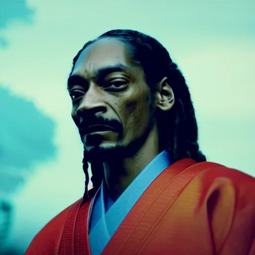 Image similar to cinematic film still of Snoop Dogg starring as a Samurai holding fire, Japanese CGI, VFX, 2022, 40mm lens, shallow depth of field, film photography