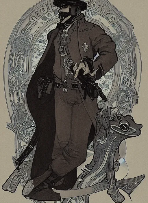 Image similar to anthropomorphic frog police officer. renowned character illustration by alphonse mucha. trending on artstation.