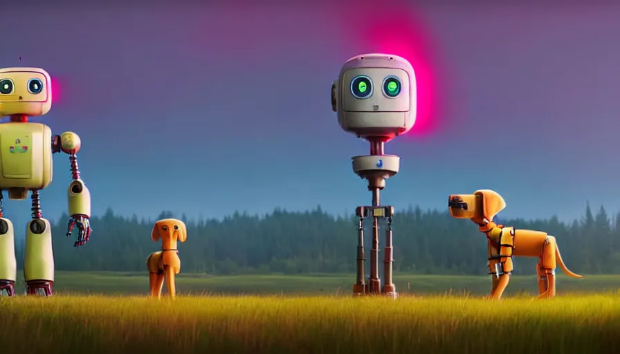 Image similar to tall cute robot with his best dog friend, by Simon Stalenhag, unreal engine, octane render, 8k, rule of thirds