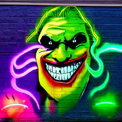 Image similar to florescent glowwave graffiti of the joker on a street wall, glow wave