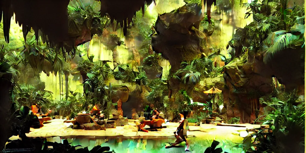 Image similar to a tropical cave that renovate as a luxury interior by syd mead, frank frazetta, ken kelly, simon bisley, richard corben, william - adolphe bouguereau