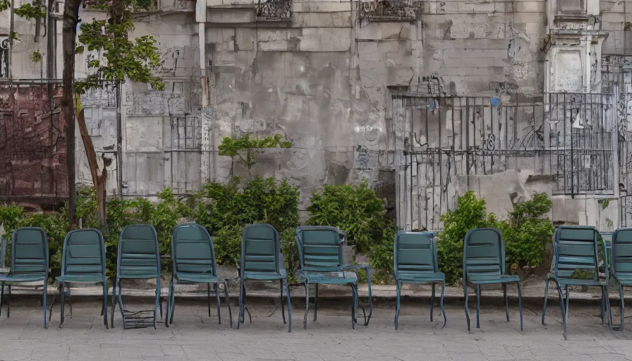 Image similar to chairs piled up on the walls of the street, hyperrealistic shaded