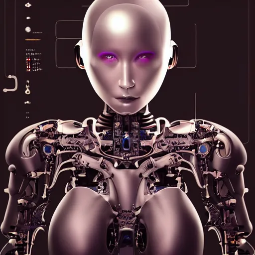 Image similar to An extremely beautiful biomechanical female looking robot with large Emoji tattoos, chimeric organism, pale skin, organic polycarbon, full frontal portrait, ex machina, highly detailed, mendelbrot fractal, ray tracing, hyperdetailed, hyperrealistic, oppai cyberpunk, octane render, hdri, 4k