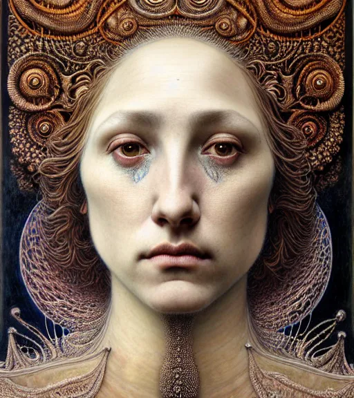 Image similar to detailed realistic beautiful salome face portrait by jean delville, gustave dore, iris van herpen and marco mazzoni, art forms of nature by ernst haeckel, art nouveau, symbolist, visionary, gothic, neo - gothic, pre - raphaelite, fractal lace, intricate alien botanicals, ai biodiversity, surreality, hyperdetailed ultrasharp octane render