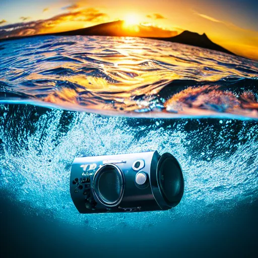 Prompt: 4 k sony a 7 wide angle photo stainless steel shiny reflective boombox speaker half submerged in water with a wave rolling over it in hawaii at dusk with neon lighting