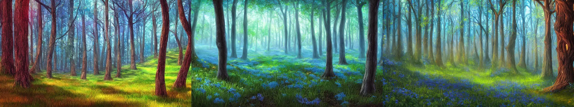 Prompt: Forest. hite trees. Blue grass. Fantasy, digital painting, HD, 4k, detailed, vibrant, artwork.