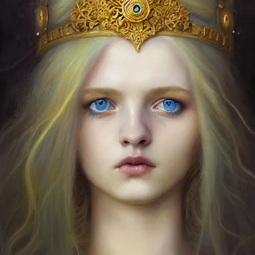 Image similar to young poppy goddess, portrait, blue eyes, beautiful face, long hair, emotionally evoking symbolic metaphor, head in focus, fantasy, ornamental, intricate, elegant, sensual, highly detailed, digital painting, artstation, concept art, smooth, golden ratio, sharp focus, illustration, art by John Collier and Krenz Cushart and Artem Demura and and Greg Rutkowski and Alphonse Mucha and Albert Aublet